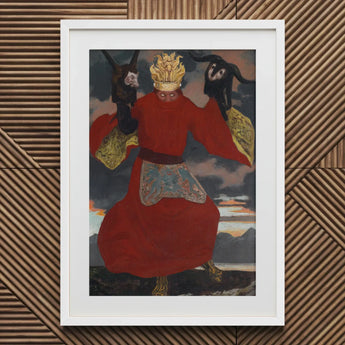 The Shaman - Sascha Schneider Art Print / Canvas Painting Figure Red Two Animal Heads Aureate Flames Sculpting, Embroidered Apron Shimmers,