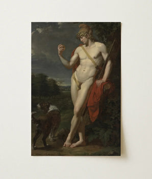Classical Oil Painting Nude Male Figure Golden Laurel Phrygian Helmet Sits, Bronze Finish Catching, Slate-and-umber Sky Pressing, Low,