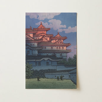 Rectangular Illustration Card Stylized Multi-tiered Japanese Castle Traditional Kawase Hasui Art, Print, Twilight Settles, Breath Held,
