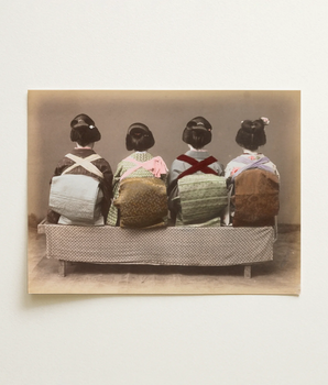 Vintage Sepia-toned Photograph Four Women Traditional Japanese Attire, Art Print, Silver Salts Hold, Obi Sits Squared, Taiko Drum Knot,