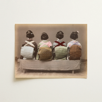 Vintage Sepia-toned Photograph Four Women Traditional Japanese Attire, Art Print, Silver Salts Hold, Obi Sits Squared, Taiko Drum Knot,