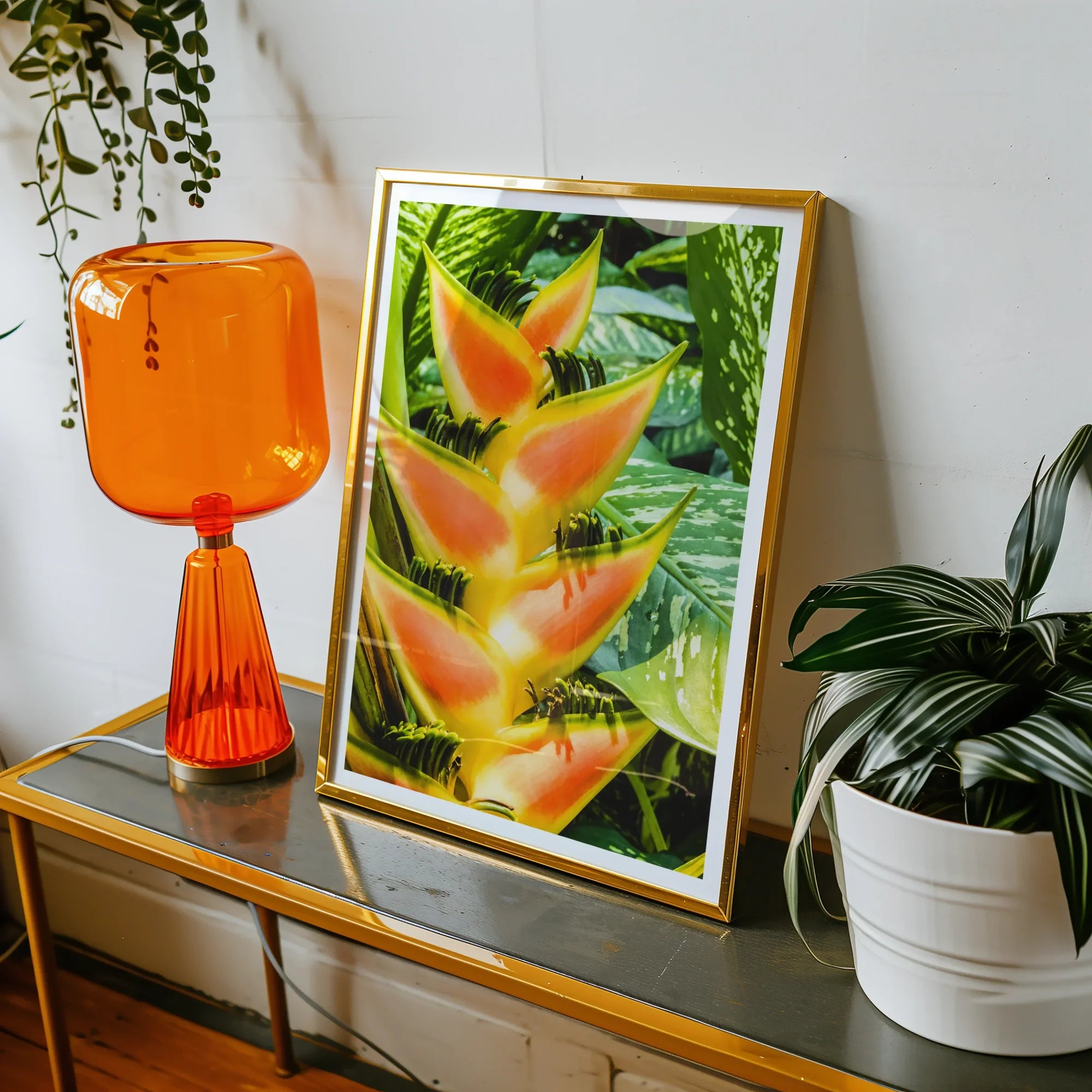 Showstopper - Heliconia Lobster Claw Art Print, Framed Tropical Flower Photograph Orange Glass Table Lamp