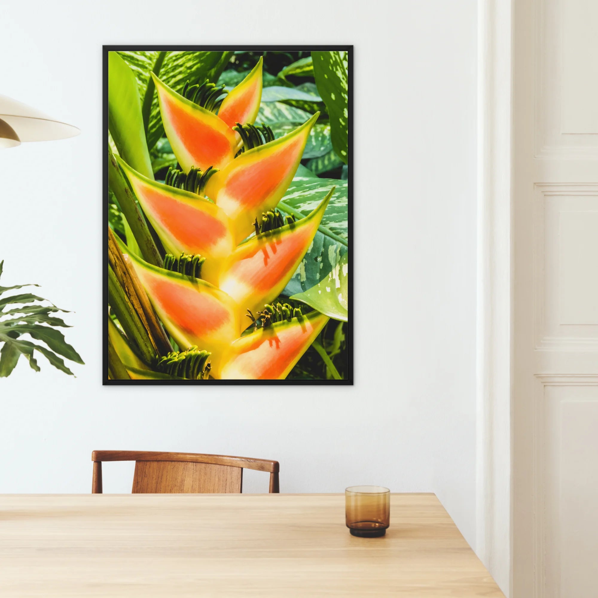 Showstopper - Heliconia Lobster Claw Framed Canvas, Framed Photograph Vibrant Orange Yellow Heliconia Flowers Green