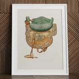 Side Saddle - Rose Campbell–gerke Equestrian Art Print / Canvas Detailed Illustration Ornate Green Quilted Gold-brown Leather, Aficionados