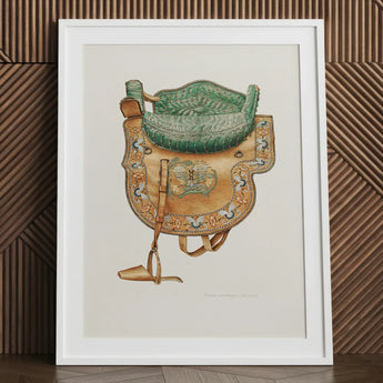 Side Saddle - Rose Campbell–gerke Equestrian Art Print / Canvas Detailed Illustration Ornate Green Quilted Gold-brown Leather, Aficionados
