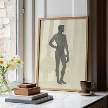 Sieger - Sascha Schneider Fine Art Print / Canvas Minimalist Wooden-framed Artwork Monochromatic Sketch Nude Male Figure, Secret Softened,