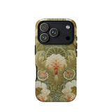 Silk Embroidery with Flowers and Leaves Phone Case Iphone 17 Pro / Matte Green Floral Phone Case Vintage Design Textured Surface Silk
