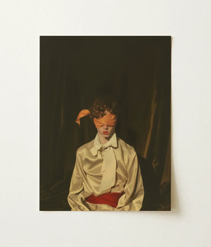 Framed Art Print Person Cream Satin Blouse Red Sexy Gay Mens Wear, Draped