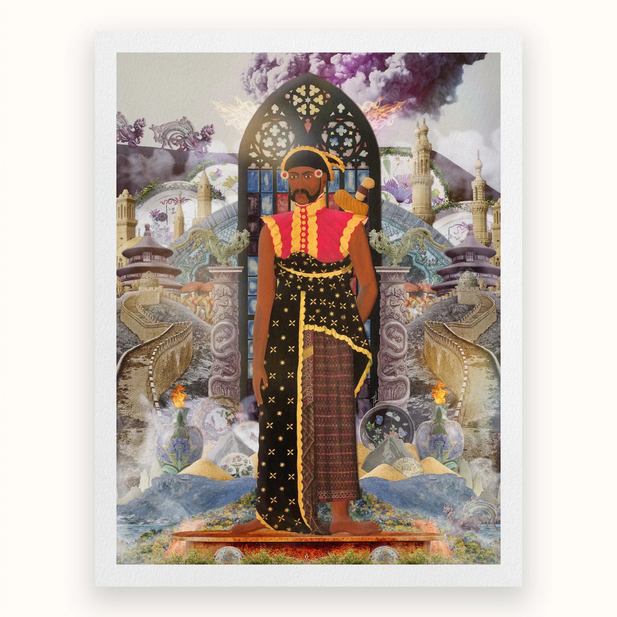 Silk Rodeo - Cultural Fusion Collage Art Print, Figure Colorful Traditional Southeast Asian Attire Ornate Archway