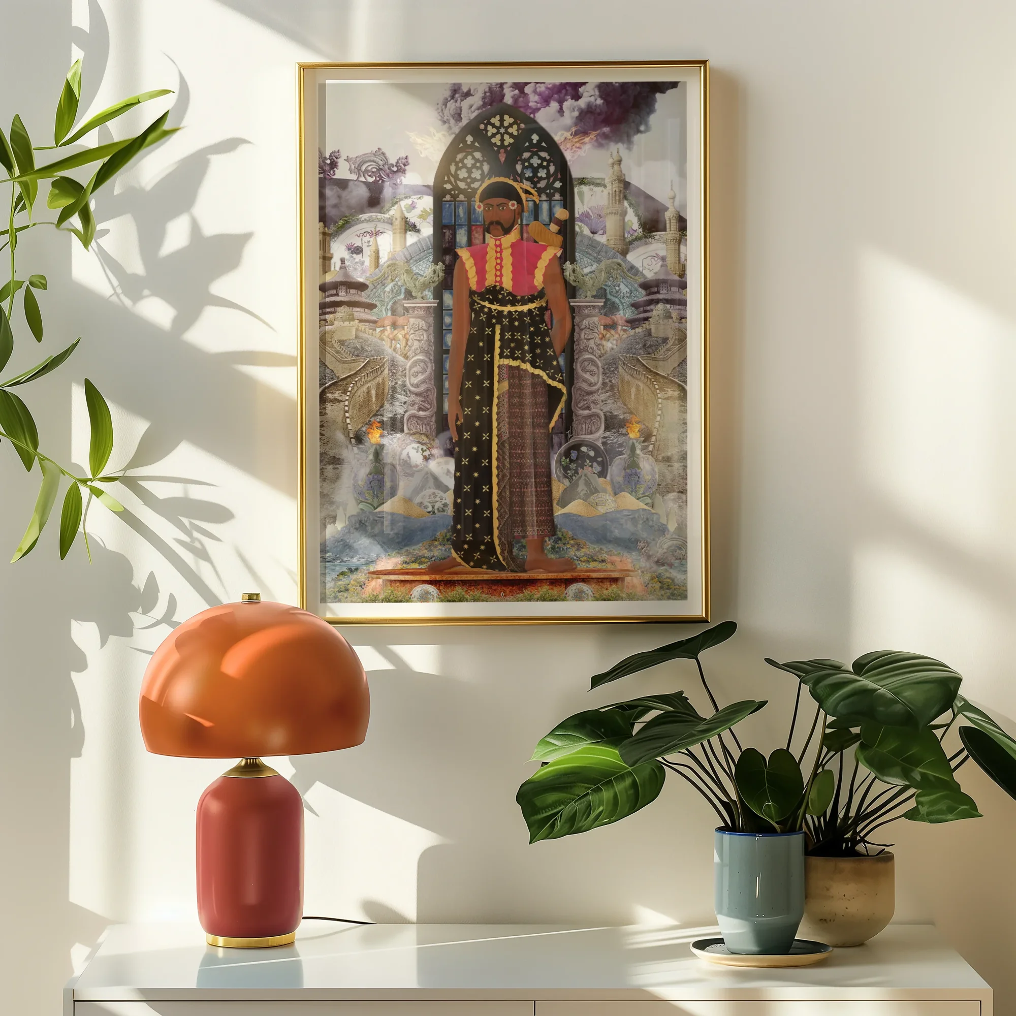 Silk Rodeo - Cultural Fusion Collage Art Print, Framed Artwork Richly Adorned Figure Ornate Robes Fantastical