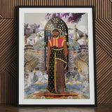 Silk Rodeo - Cultural Fusion Collage Art Print Framed Artwork Stylized Figure Ornate Layered Attire Vibrant, Phantasmagorical Journey Prints
