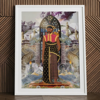 Silk Rodeo - Cultural Fusion Collage Art Print Framed Artwork Stylized Figure Ornate Patterned Attire Elaborate, Phantasmagorical Journey