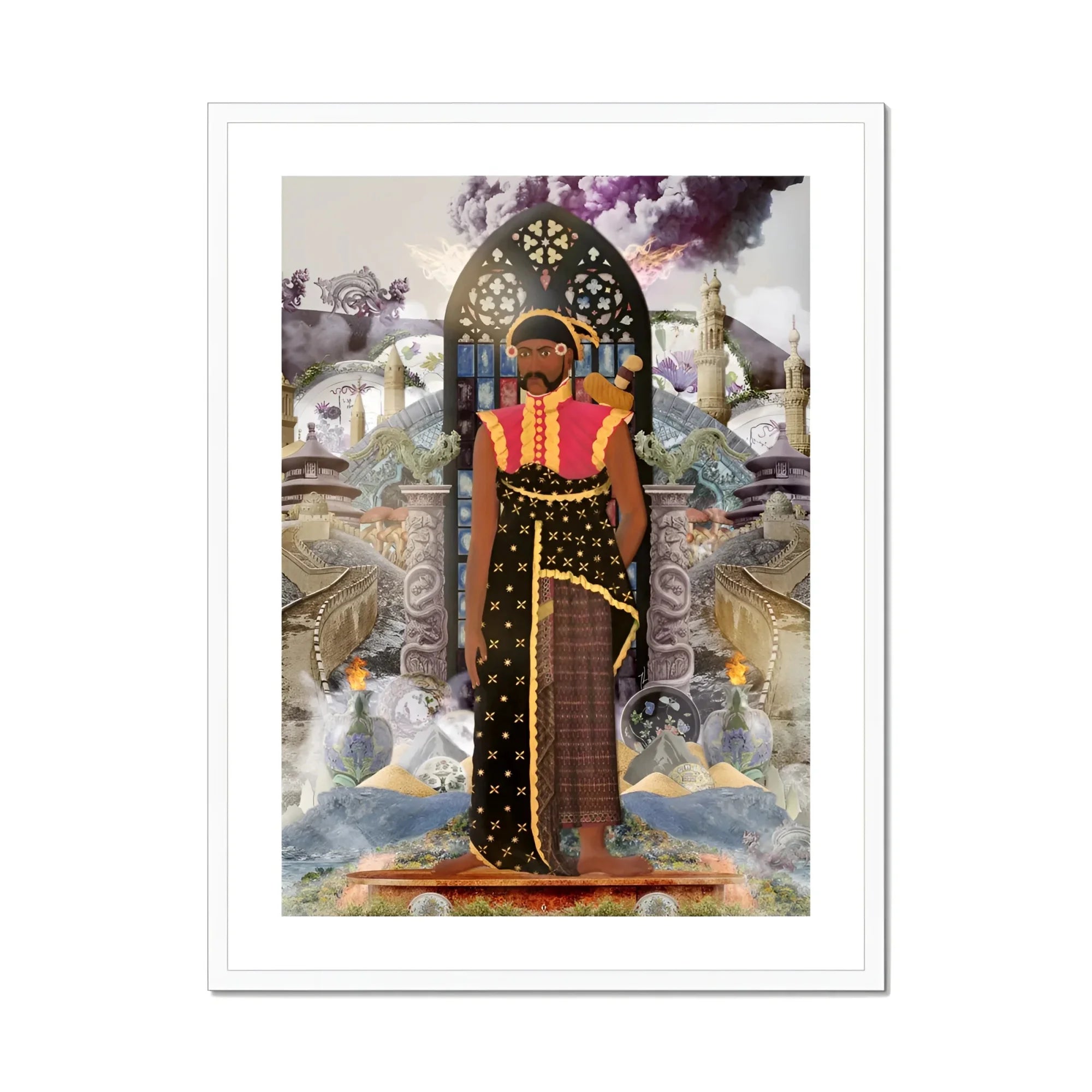 Silk Rodeo - Cultural Fusion Collage Art Print, Regal Figure Traditional African-inspired Attire Ornate Patterns Stands