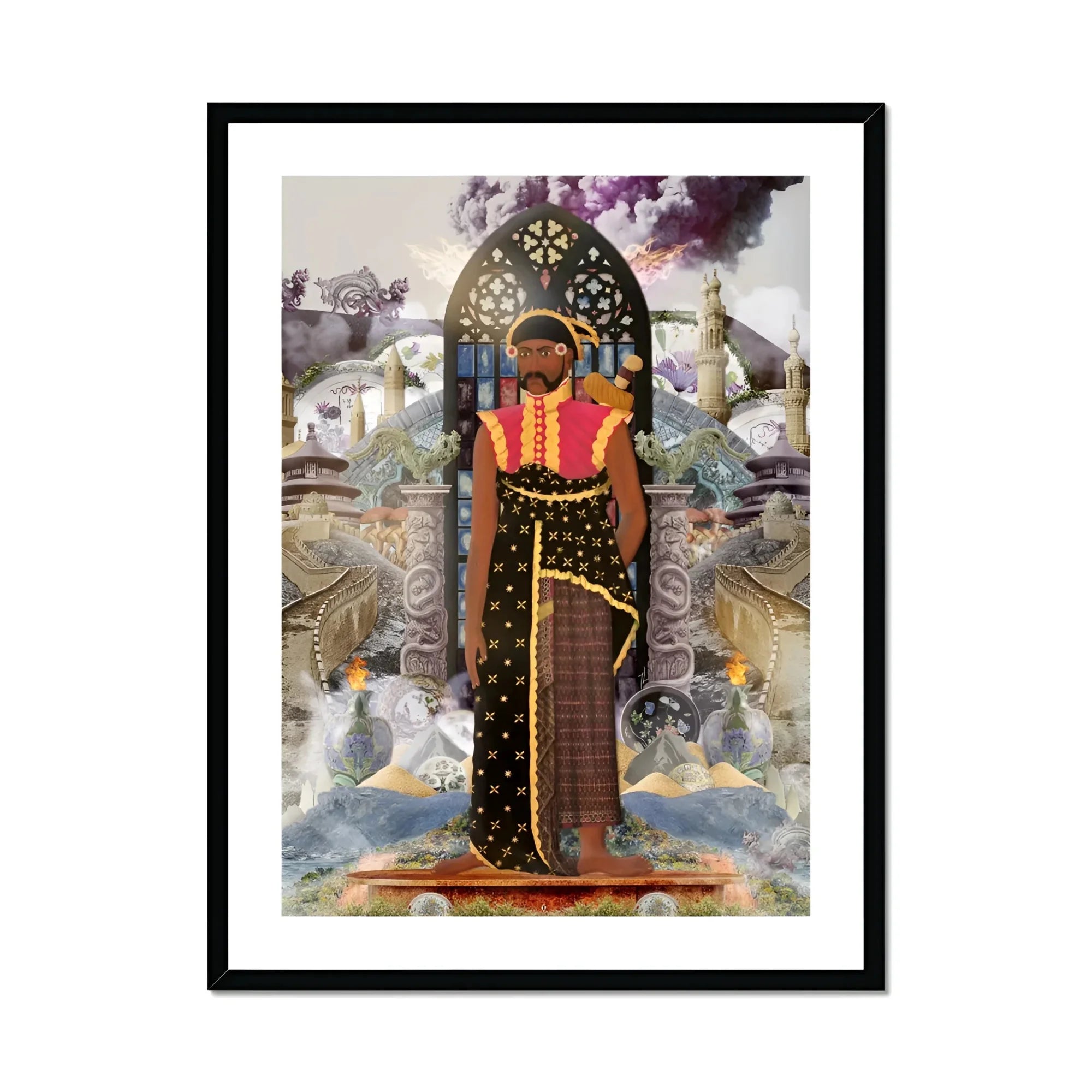 Silk Rodeo - Cultural Fusion Collage Art Print, Regal Figure Traditional African-inspired Attire Ornate Patterns Gold