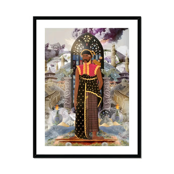 Silk Rodeo - Cultural Fusion Collage Art Print, Regal Figure Traditional African-inspired Attire Ornate Patterns Gold