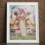 Silk Rodeo Drive - Surreal Occidental Collage Art Print Framed Artwork Stylized Woman Pink Coat Striped Skirt, Colonial Paradox Unfolds,