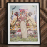 Silk Rodeo Drive - Surreal Occidental Collage Art Print Framed Stylized Illustration Woman Pink Coat, Colonial Paradox Unfolds, Prints