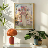 Silk Rodeo Drive - Surreal Occidental Collage Art Print Framed Surrealist Artwork Tall Figure White Dress Surrounded, Colonial Paradox