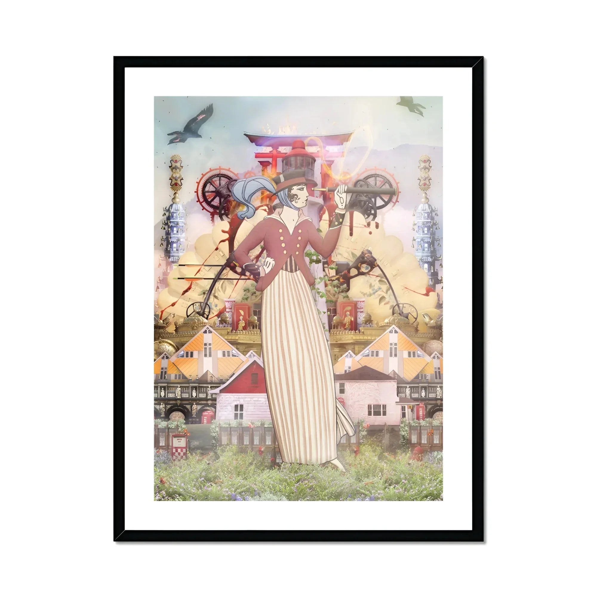 Silk Rodeo Drive - Surreal Occidental Collage Art Print, Steampunk-styled Figure Long Victorian Dress Stands Beneath Japanese