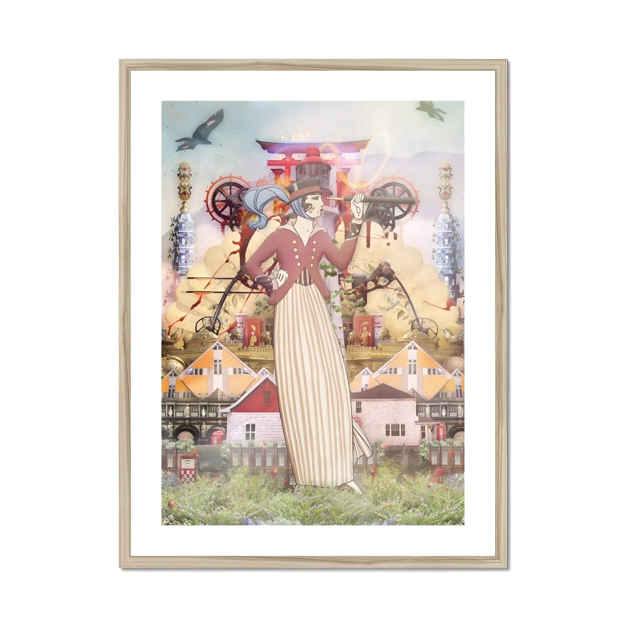 Silk Rodeo Drive - Surreal Occidental Collage Art Print, Whimsical Steampunk-style Figure Cream Dress Mechanical Wings Gears