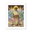 Silk Rodeo Romeo - Surreal Orientalist Collage Art Print, Figure Light-colored Robe Brown Belt Stands Sun-like Halo