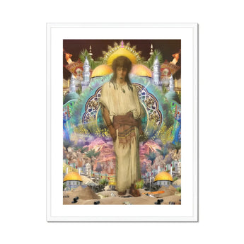 Silk Rodeo Romeo - Surreal Orientalist Collage Art Print, Figure Light-colored Robe Brown Belt Stands Sun-like Halo