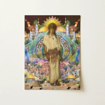Silk Rodeo Romeo - Surreal Orientalist Collage Art Print Vibrant Mixed-media Artwork Central Figure Beige Robes, Masculinity’s Hidden