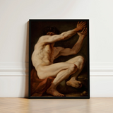 Sitting Male - Nicolai Abildgaard Art Print / Canvas Black-framed Classical Nude Figure Dynamic, Builds, Deltoid Mapped, Cool Ivory,