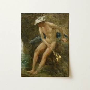 Classical Oil Painting Nude Male Figure White Hat Henry Scott, Art Print, Tuke’s, Hermes, Edwardian, Study, Captures