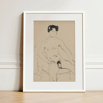 Sketchbook 40 Sheets - Cyprian Majerník Art Print / Canvas Minimalist White-framed Delicate Black Ink Line Male Nude, Majerník’s, Seated,