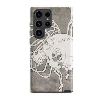 Skull and a Rib Cage - Katsushika Hokusai Phone Case Samsung Galaxy S23 Ultra / Matte Gray Textured Phone Case White Line-art Skull Design