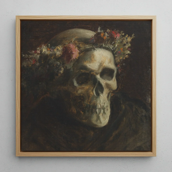 Totenkopf mit Blumenkranz - Kunstdruck auf Leinwand von Thomas Satterwhite Noble, 12x12’’ / 31x31cm / Naturrahmen, Poster-Drucke & visuell