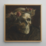 Skull Wearing a Wreath of Flowers - Thomas Satterwhite Noble Art Print / Canvas Framed Oil Painting Skull Adorned Floral Crown Rendered