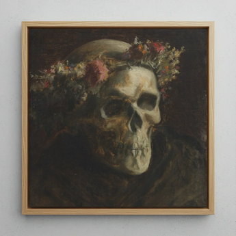 Skull Wearing a Wreath of Flowers - Thomas Satterwhite Noble Art Print / Canvas Framed Oil Painting Skull Adorned Floral Crown Rendered