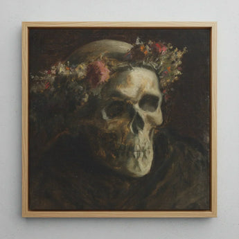 Skull Wearing a Wreath of Flowers - Thomas Satterwhite Noble Art Print / Canvas Framed Oil Painting Adorned Floral Crown Rendered, Crowned