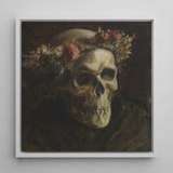 Skull Wearing a Wreath of Flowers - Thomas Satterwhite Noble Art Print / Canvas Framed Painting Skull Adorned Floral Crown Rendered Dark