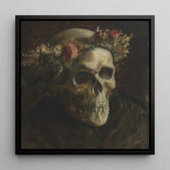Skull Wearing a Wreath of Flowers - Thomas Satterwhite Noble Art Print / Canvas Framed Painting Adorned Floral Crown Rendered Dark, Crowned