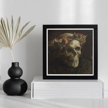 Skull Wearing a Wreath of Flowers - Thomas Satterwhite Noble Art Print / Canvas Somber Oil Painting Depicts Human Adorned Crown, Crowned