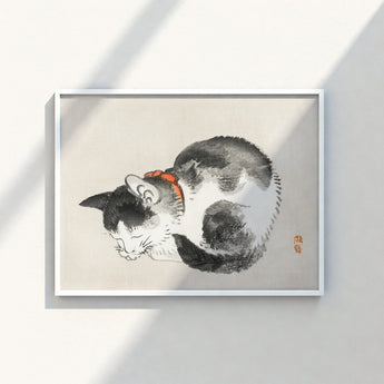 Framed Ink Wash Painting Black White Cat Orange Kōno Bairei’s Mesmerizing Sleeping, Woodblock Print, Edo-era Japan Feline Art