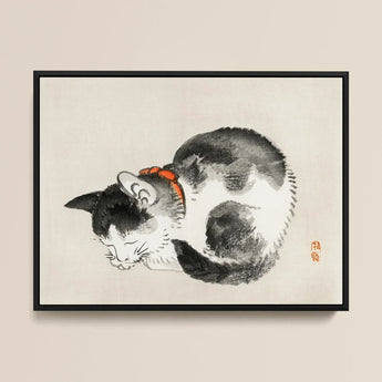 Sleeping Cat - Kono Bairei Meiji-era Animal Art Print / Canvas Black White Ink Painting Orange Collar Framed Kōno Bairei’s Mesmerizing,