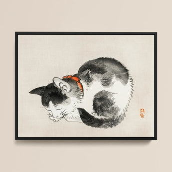 Sleeping Cat - Kono Bairei Meiji-era Animal Art Print / Canvas Black White Ink Painting Cat Orange Collar Framed Kōno Bairei’s Mesmerizing