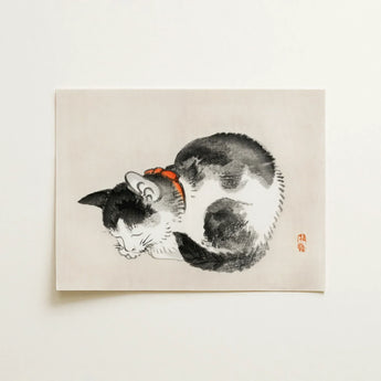 Sleeping Cat - Kono Bairei Meiji-era Animal Art Print / Canvas Delicate Ink Wash Painting Light Beige Paper Depicts Kōno Bairei’s