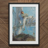 Sleeping Sailor - Henry Scott Tuke Art Print / Canvas Framed Painting Black Frame White Man Deck Sailboat, Frames, Young, Nested, Dark Head