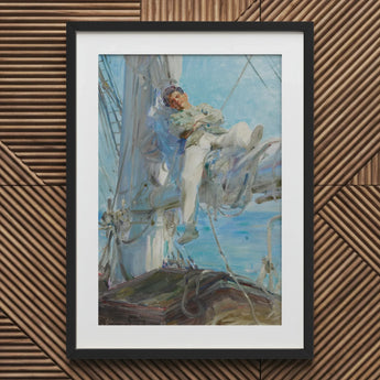 Sleeping Sailor - Henry Scott Tuke Art Print / Canvas Framed Painting Black Frame White Man Deck Sailboat, Frames, Young, Nested, Dark Head