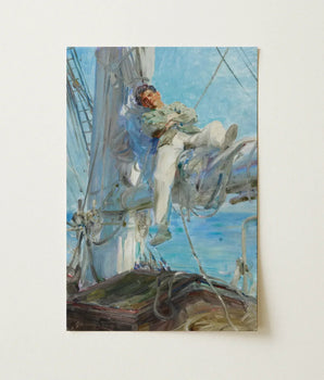 Rectangular Framed Painting Man Light-colored Attire Deck Ship Henry Scott Tuke, Sleeping Sailor, Frames, Young, Nested, Dark Head Tipped