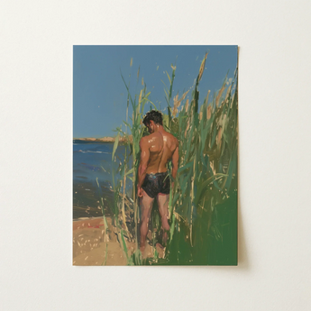 Slick Reed - Gay Lake Cruising Art Print / Canvas Rectangular Painting Shirtless Man Dark Swim Trunks