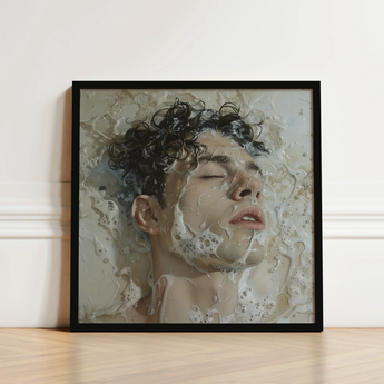 Black-framed Square Art Print Man Dark Curly Hair Milk, Slipping, Warm, Private Ecstasies