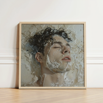 Framed Artwork Man Dark Curly Hair Submerged Bubbly Milk, Slipping, Warm, Private Ecstasies