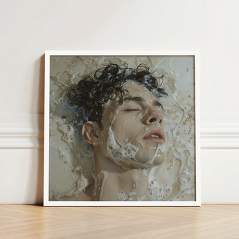 White-framed Artwork Man Dark Curly Hair Submerged Bubbly Milk, Slipping, Warm, Private Ecstasies