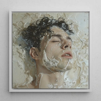 Slip n Slide - Subtle Homoerotic Wall Art Print / Canvas Framed Artwork Man Dark Curly Hair Submerged Foamy Milk, Slipping, Warm, Private